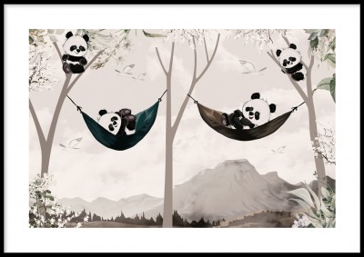 Barnposter, Söta pandorEn fin poster med söta små pandor. Tryckt på miljövänligt 230g, matt papperFinns i fler storlekar Postern levereras utan ram