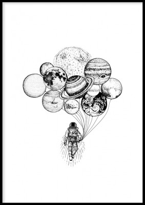 Poster, Spaceman with planetsEn svartvit poster i vintagestil med en astronaut med planeter. Tryckt på miljövänligt 230g, matt papperFinns i flera storlekar Postern levereras utan ram