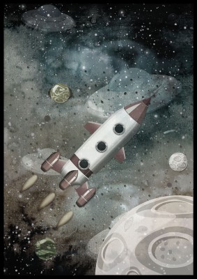 Poster, SpaceshipEn barnposter i dova färger med härligt rymdtema.Tryckt på miljövänligt 230g, matt papperFinns i flera storlekar Postern levereras utan ram