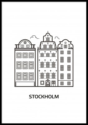 Poster, StockholmEn svartvit illustrerad poster med landmärke från Stockholm. Tryckt på miljövänligt 230g, matt papperFinns i flera storlekar Postern levereras utan ram