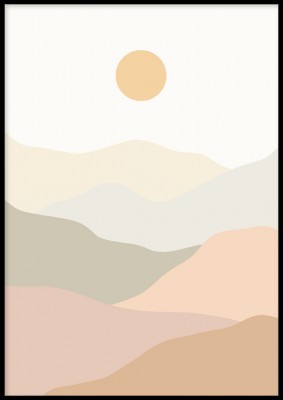 Poster, Sun and mountainsIllustrerad poster med en sol och berg i softa färger. Tryckt på miljövänligt 230g, matt papperFinns i flera storlekar Postern levereras utan ram