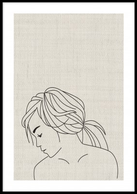 Poster, Texture hairEn poster med mönstrad bakgrund och ett kvinnoansikte i profil ritat i grå linje. Tryckt på miljövänligt 230g, matt papperFinns i fler storlekar Postern levereras utan ram