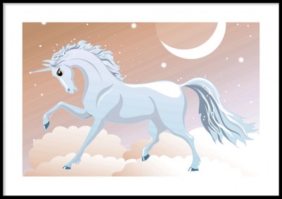 Poster, Unicorn and moonRosaskimrande poster med en enhörning bland molnen. Tryckt på miljövänligt 230g, matt papperFinns i fler storlekar Postern levereras utan ram