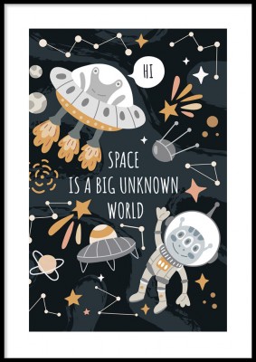 Poster, Unknown world Poster till barnrummet med illustrerade rymdfigurer. Tryckt på miljövänligt 230g, matt papperFinns i fler storlekar Postern levereras utan ram