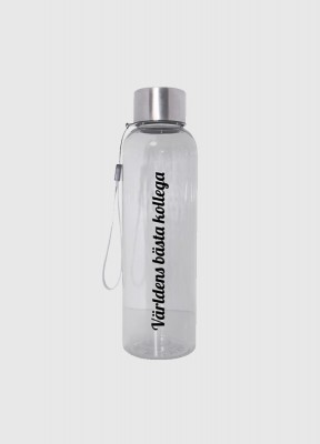 Vattenflaska, Världens bästa kollegaSnygg flaska i BPA-fri Tritanplast med lock i rostfritt stål. Tygöglan i locket gör det möjligt att hänga flaskan på en krok eller runt handleden. Ytan är skön att greppa. Gör sig perfekt på träningspasset eller under a