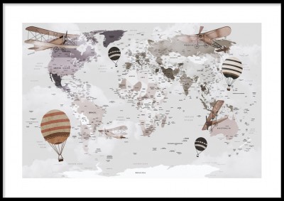 Barnposter, Världskarta flygplan & luftballongerIllustrerad poster över världen i vintageinspirerad stil. Tryckt på miljövänligt 230g, matt papperFinns i fler storlekar Postern levereras utan ram