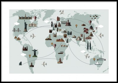Barnposter, Världskarta landmärkenIllustrerad poster över världen i vintageinspirerad stil. Tryckt på miljövänligt 230g, matt papperFinns i fler storlekar Postern levereras utan ram