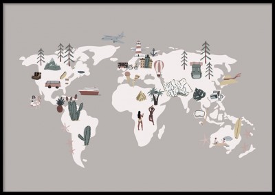 Barnposter, Världskarta exploreIllustrerad poster över hela världen. Tryckt på miljövänligt 230g, matt papperFinns i fler storlekar Postern levereras utan ram