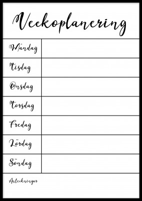 Organisera veckanNu kan du på ett enkelt och snyggt sätt organisera veckans alla dagar. Rama in postern i en glasram (vi rekommenderar inte plexiglas då det är svårare att sudda ut på dessa)och skriv med en whiteboardpenna direkt på glaset. När nästa veck