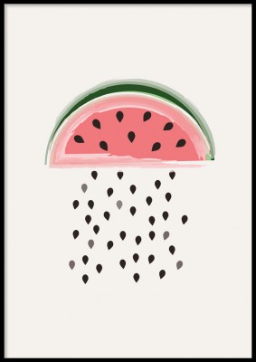 Poster, Watermelon rainPoster till barnrummet med illustrerad vattenmelon och med en lätt beigetonad bakgrund.Tryckt på miljövänligt 230g, matt papperFinns i fler storlekar Postern levereras utan ram