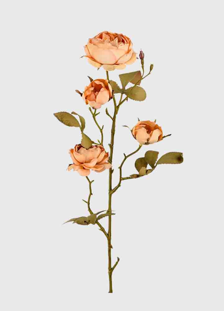 konstgjord växt, en beige stor rund ros på 60 cm med tre mindre gröna grenar med små taggar och en liten ros på varje.
