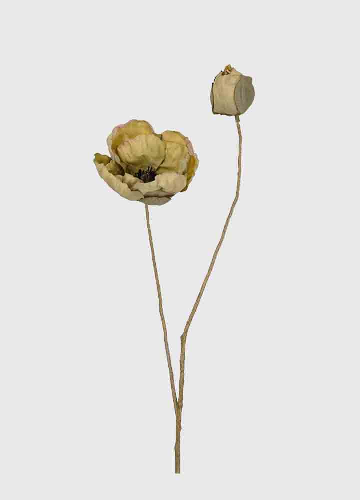 konstgjord växt, en 55 centimeter hög ljusgrön kvist med en stor grön-beige vallmoblomma och en lite mindre.
