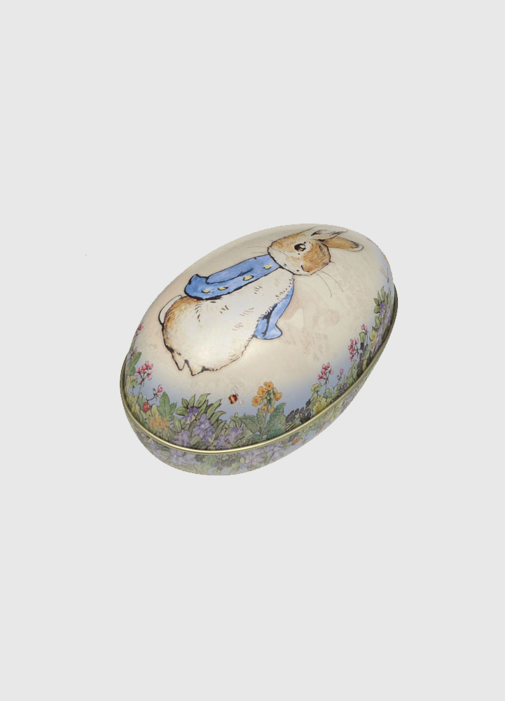 Plåtägg, Pelle KaninÖppningsbart plåtägg frånBeatrix Potter med fint motiv med Peter Rabbit.Storlek:11x6,7x6,5 cmMaterial: Plåt